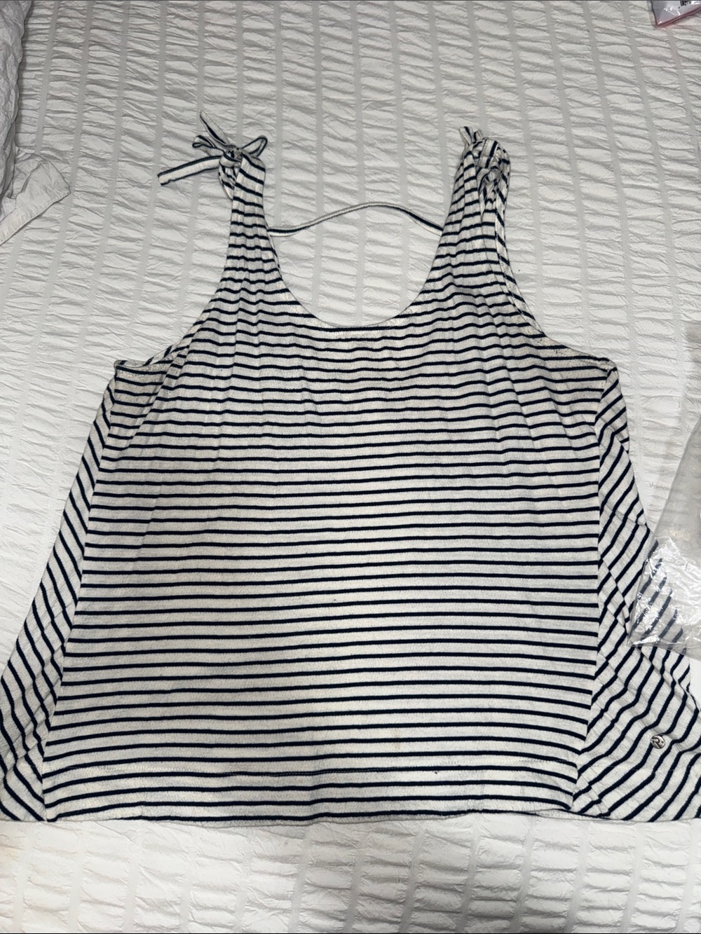 Navy & White Striped Tie-Shoulder Tank Top